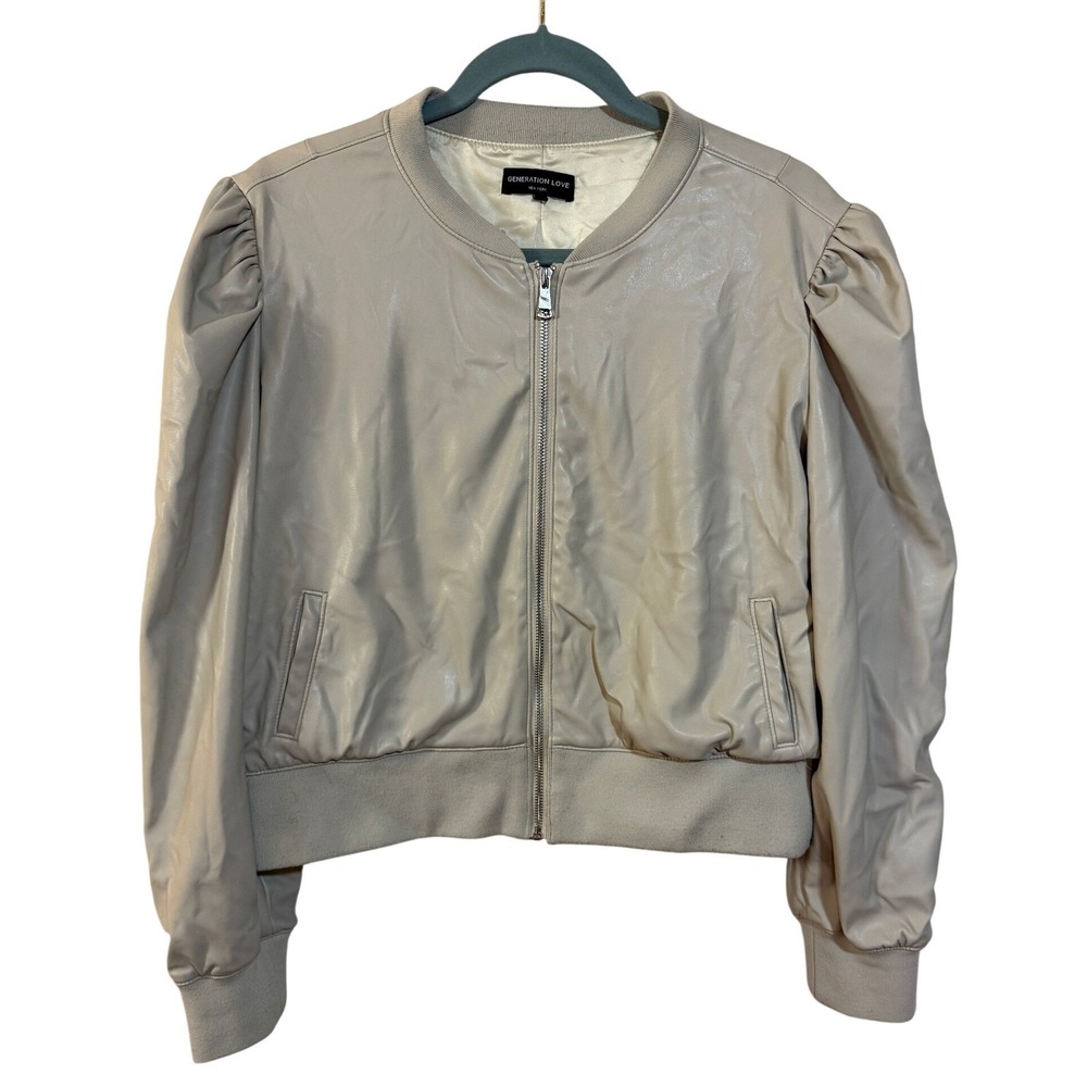 Generation Love Bomber Jacket Women XL Beige Puff Sleeve Vegan‎ Leather FLAW